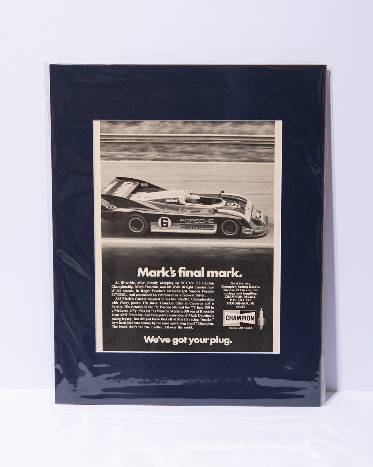 "Mark's final mark" Mark Danohue Porsche 917/30KL + Champion Spark Plugs original vintage mated advertisement