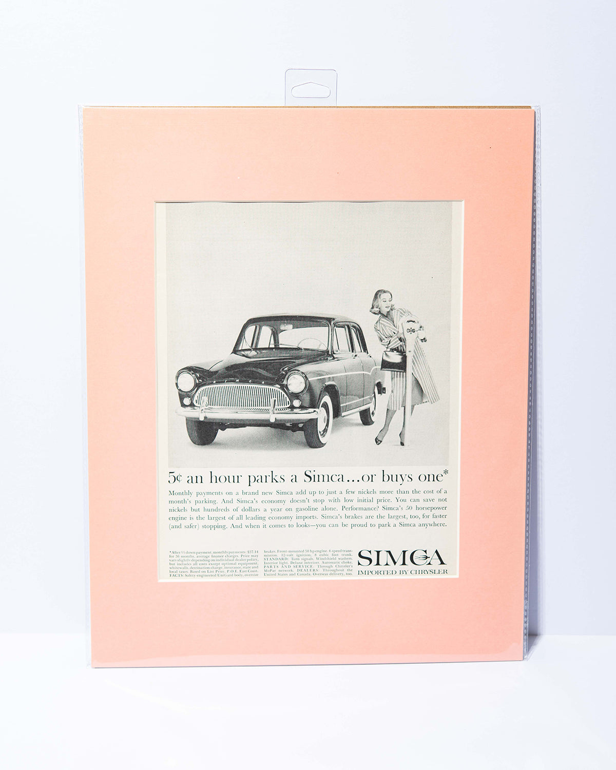 SIMCA "5cents an hour pars a Simca...or buys one" original vintage mated ad