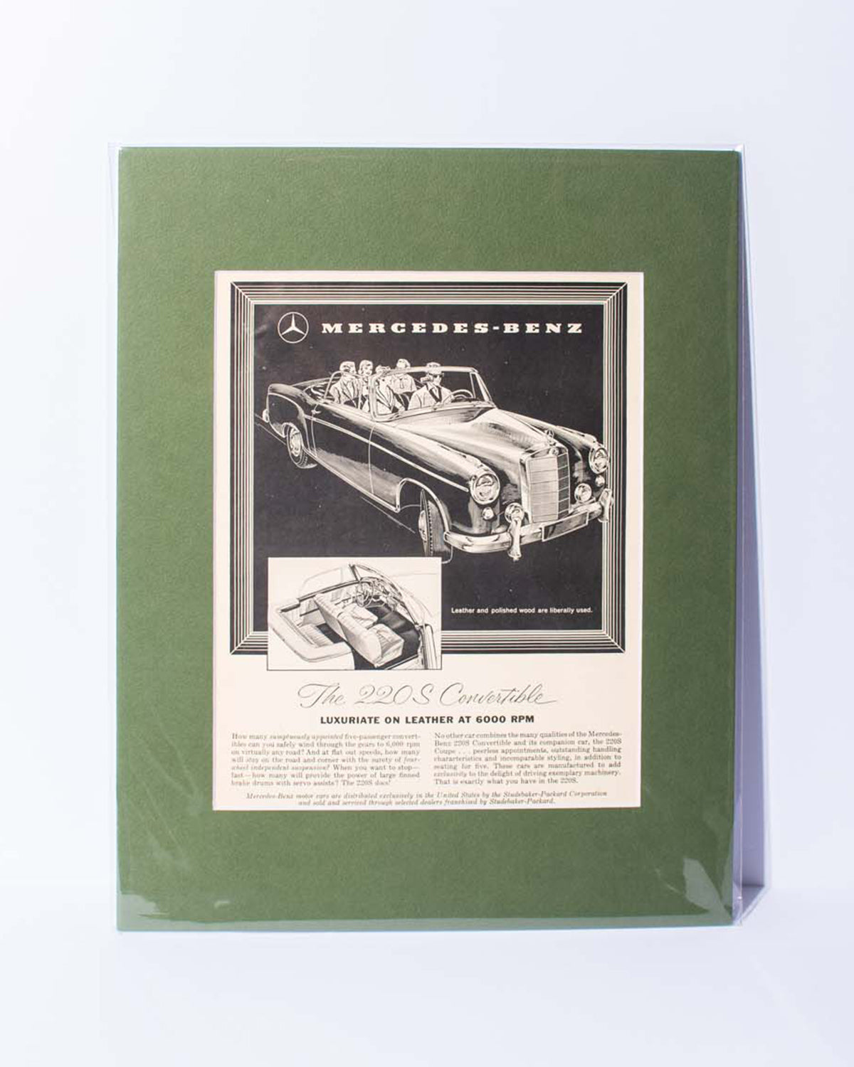 1958 Mercedes Benz 220S Convertible "Luxuriate on leather at 6000 rpm" original vintage mated magazine ad