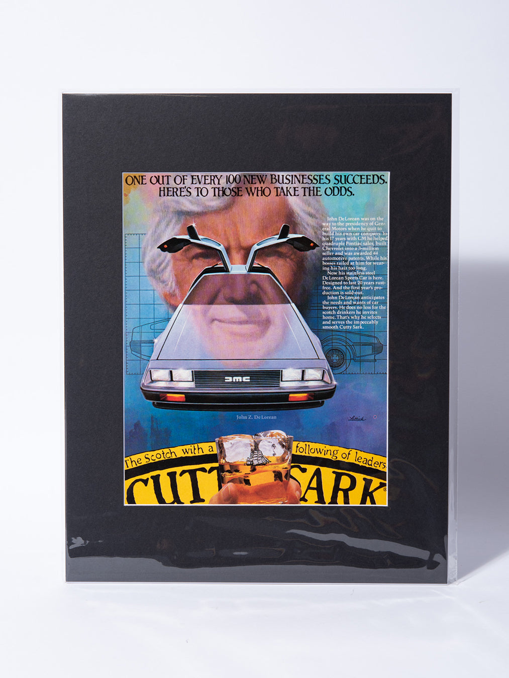 DeLorean DMC-12 + Cutty Sark Scotch Whisky original vintage mated ad