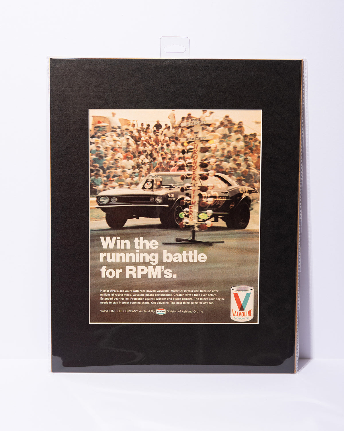 "Win the running battle for RPM's" vintage Valvoline ad w/ Camaro