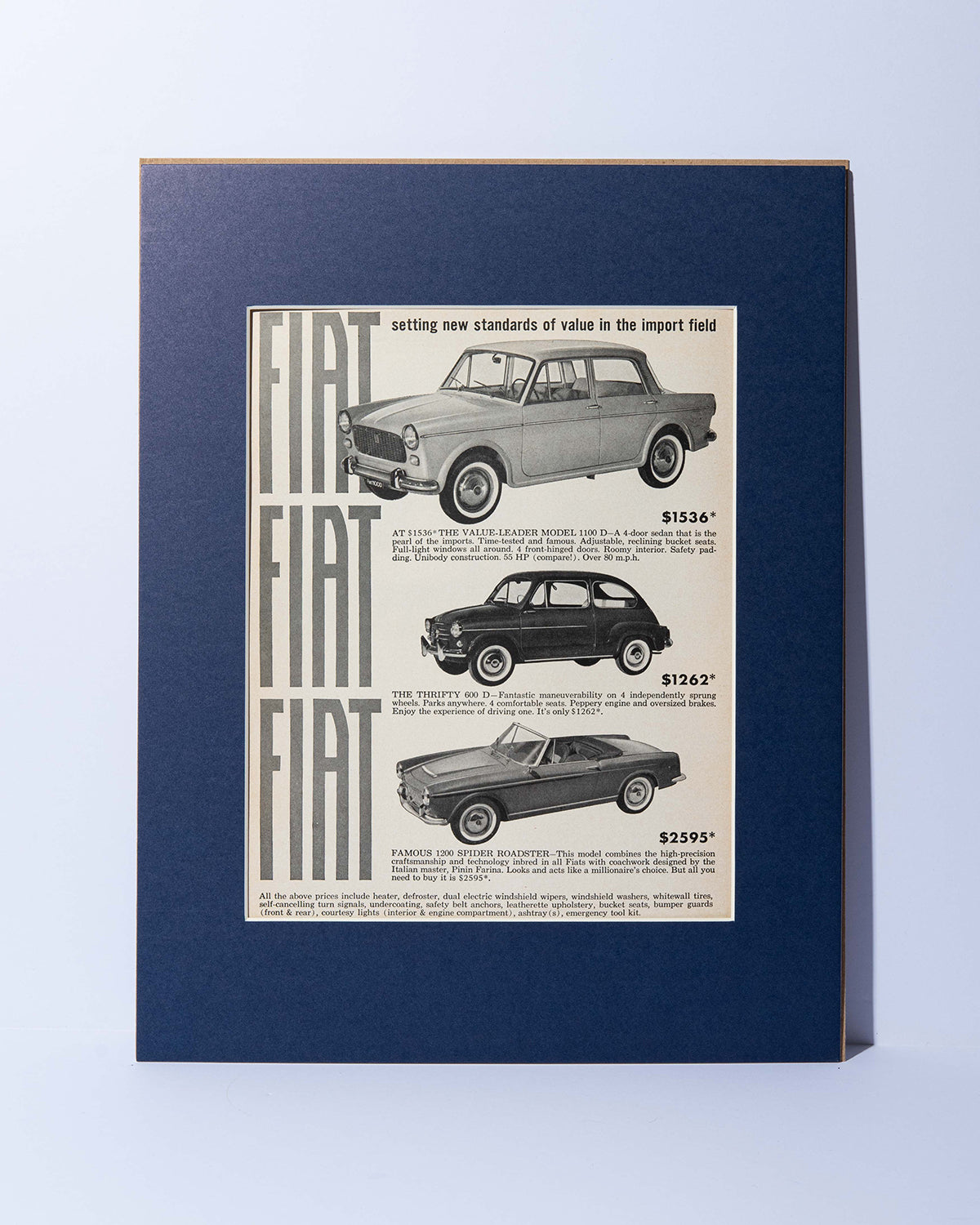 Fiat 1100 D, 600 D, and 1200 Spider Roadster original vintage ad