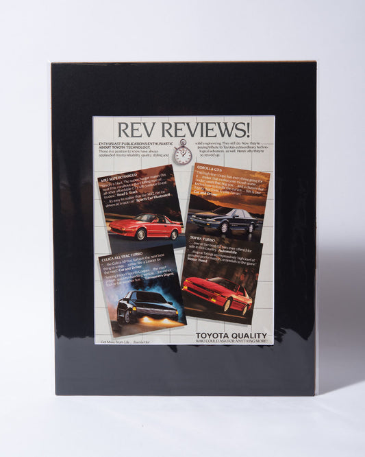 "Rev Reviews!" Toyota MR2 Supercharged, Corolla GT-S, Celica All-Track Turbo, Supra Turbo - mated vintage ad