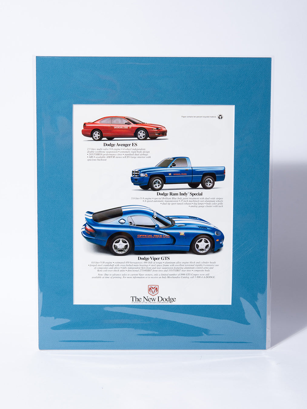 Dodge official Indianapolis 500 cars - Avenger, Ram, Viper GTS - original vintage mated ad