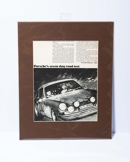 "Porsche's seven day road test" Monte Carlo Rally 911 vintage ad