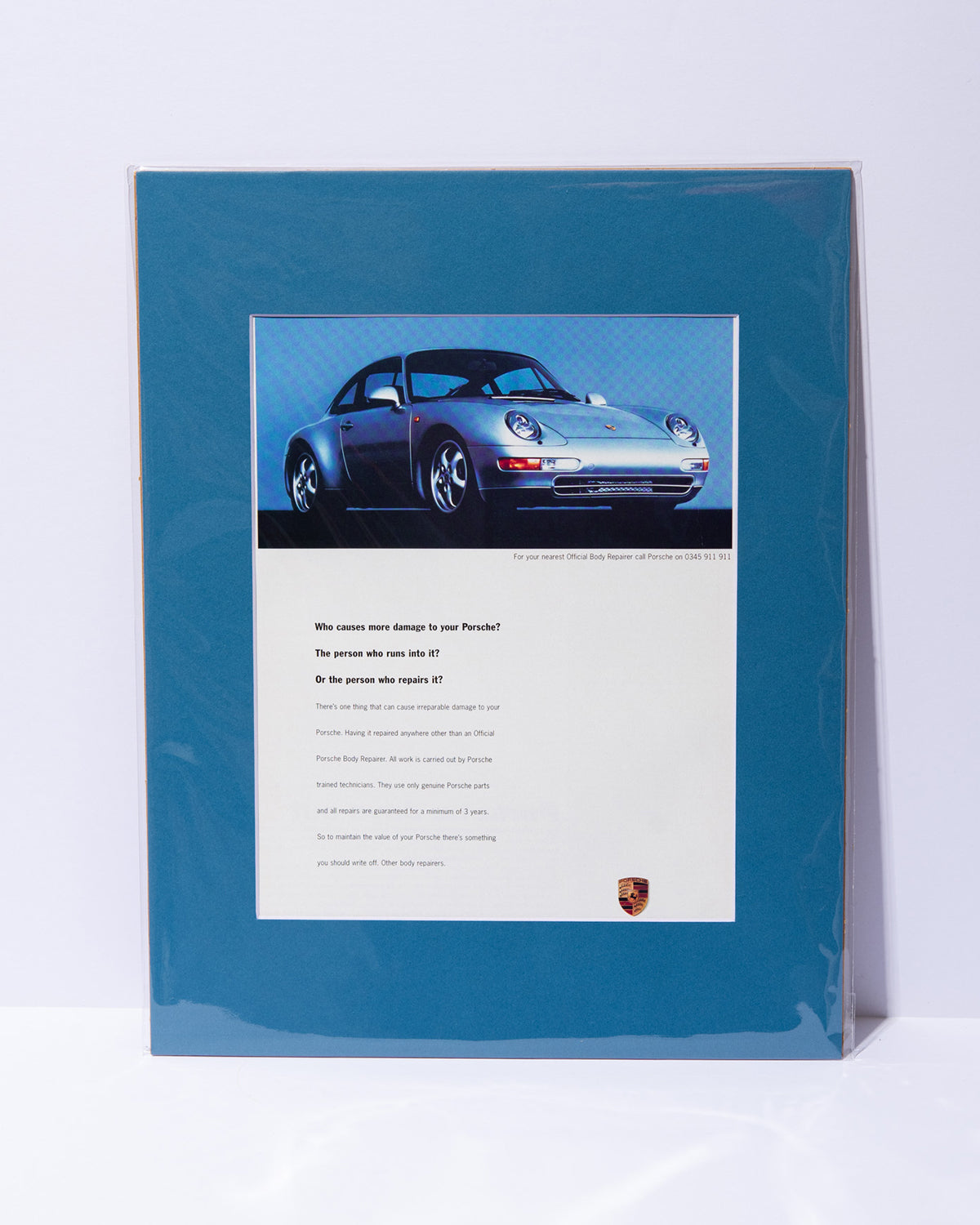 Porsche Official Body Repairer original vintage mated ad featuring 993 Carrera 911