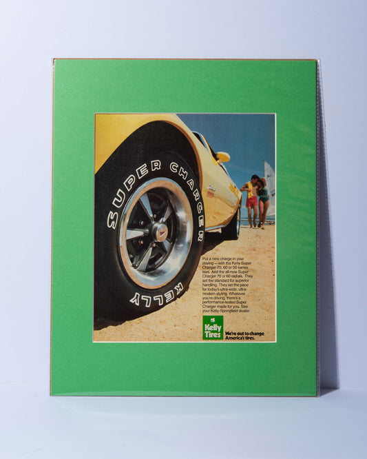 Kelly Tires 'Super Charger' vintage original mated ad w/ Pontiac Firebird Formula