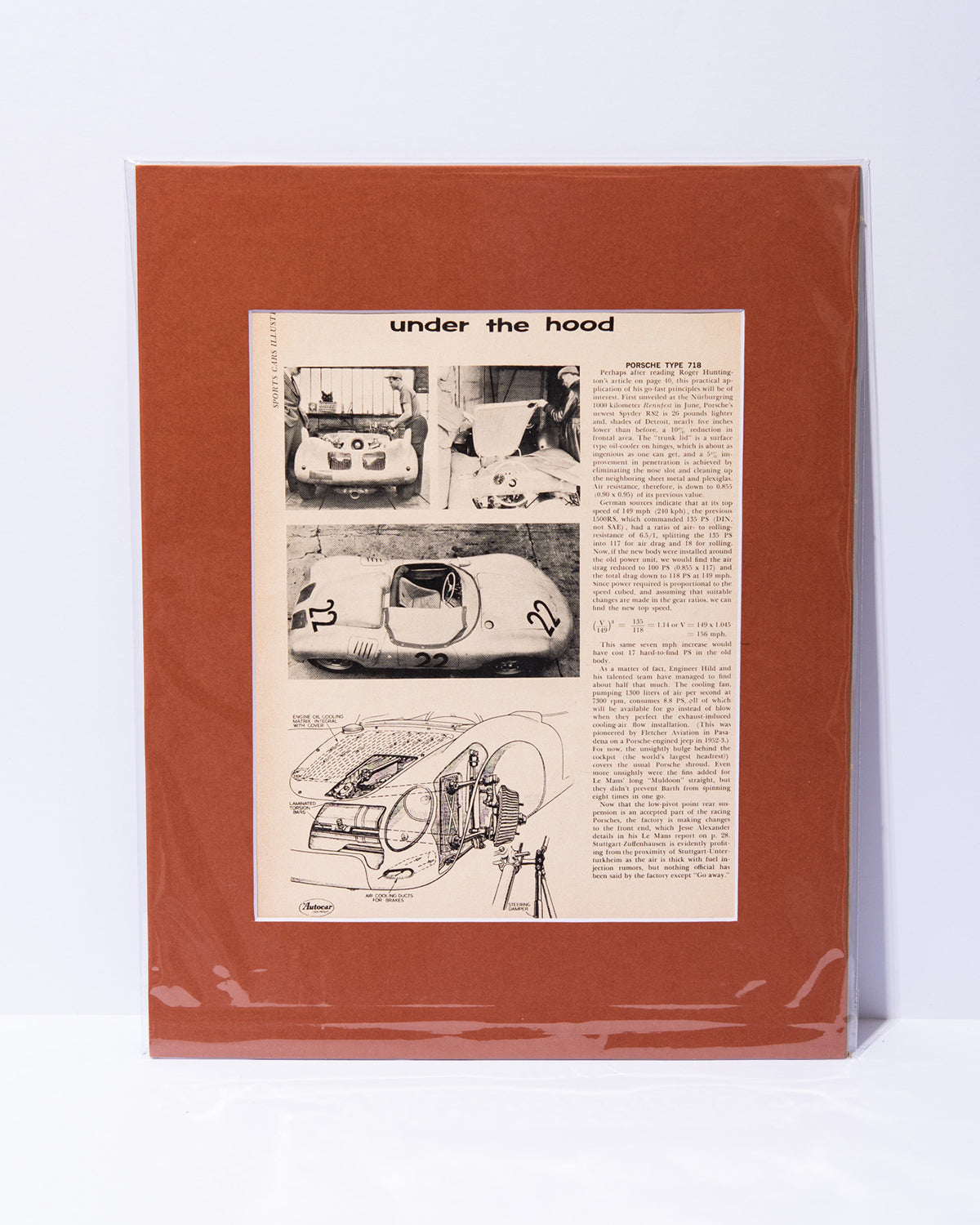 "Under the Hood" Porsche 718 RSK original vintage mated magazine article