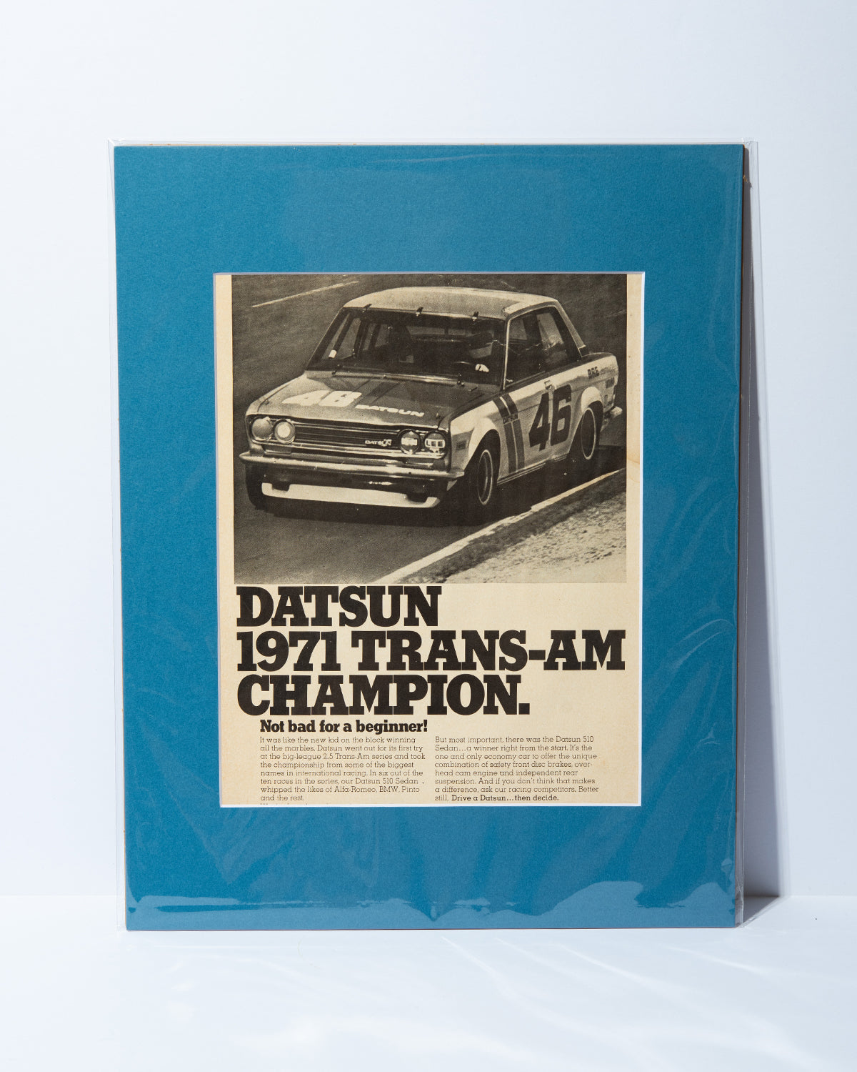 BRE Datsun 510 "1971 Trans-Am Champion" original vintage mated advertisement