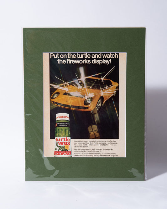 Lamborghini Miura Turtle Wax "Put on the turtle..." original vintage mated ad