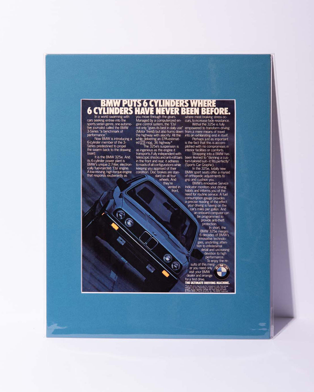 E30 BMW 325E "BWM PUTS 6 CYLINDERS..." original vintage mated magazine ad