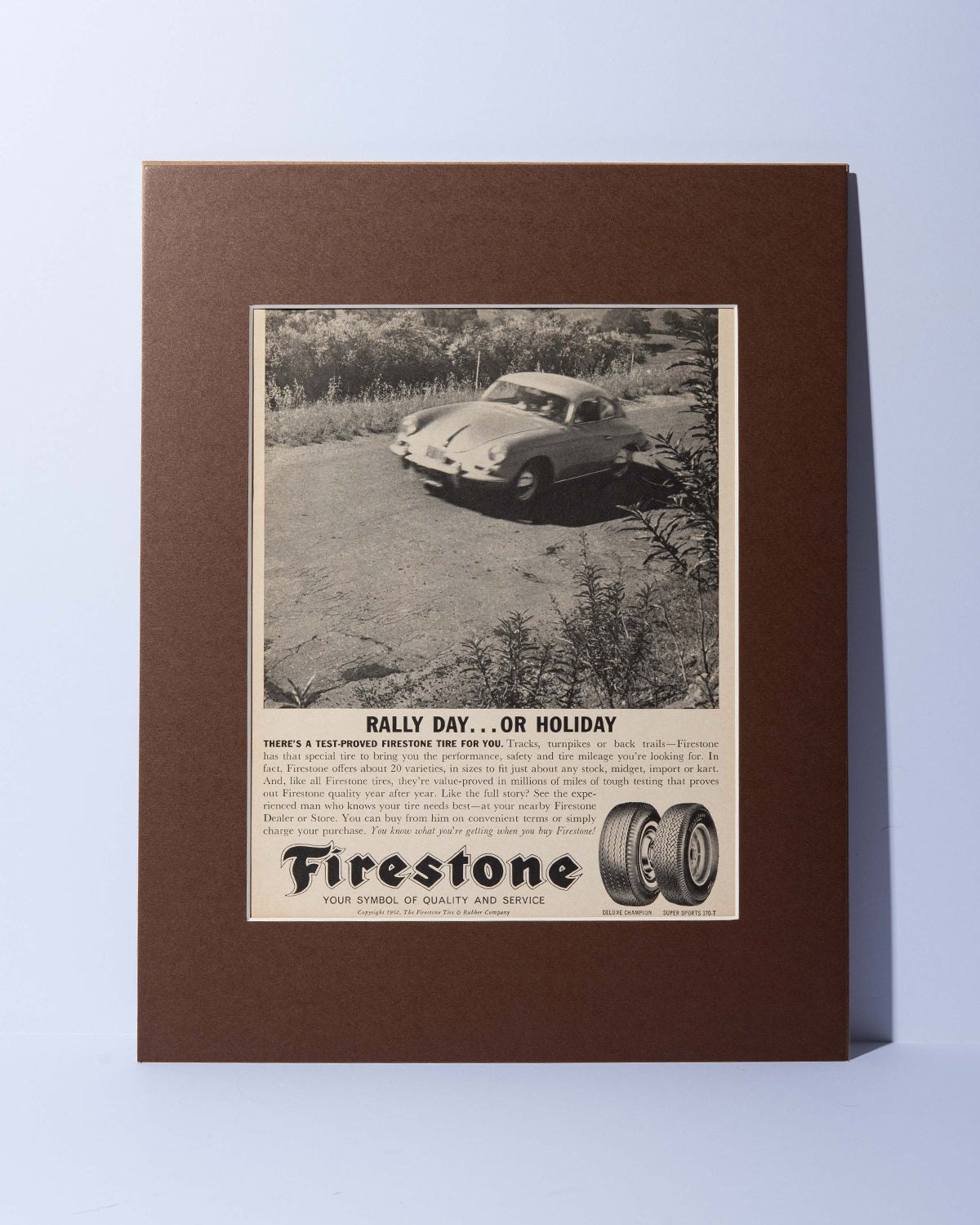 Firestone Tire + Porsche 356 Coupe vintage mated ad "Rally Day...Or Holiday"