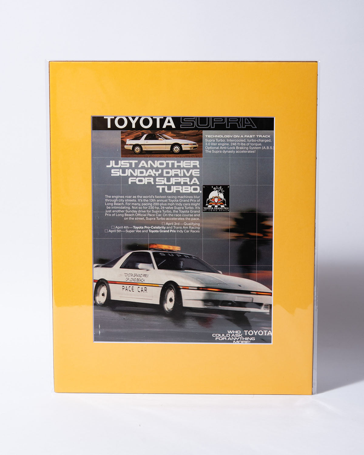 MK3 Toyota Supra Turbo Long Beach Grand Prix Pace Car "Just Another Sunday Drive" original vintage mated ad
