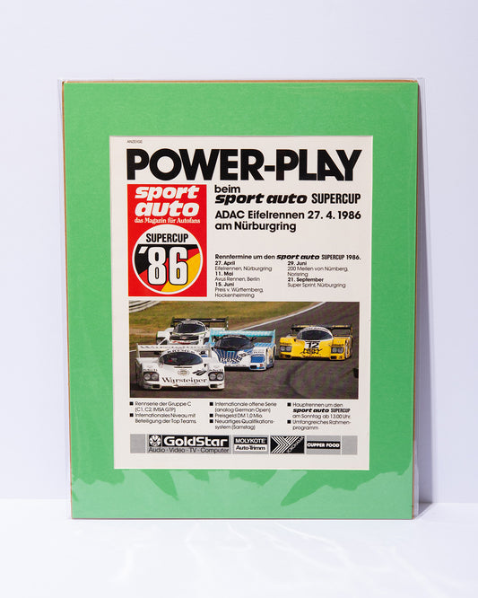 1986 Supercup race original vintage mated advertisement featuring Porsche 962 racecars