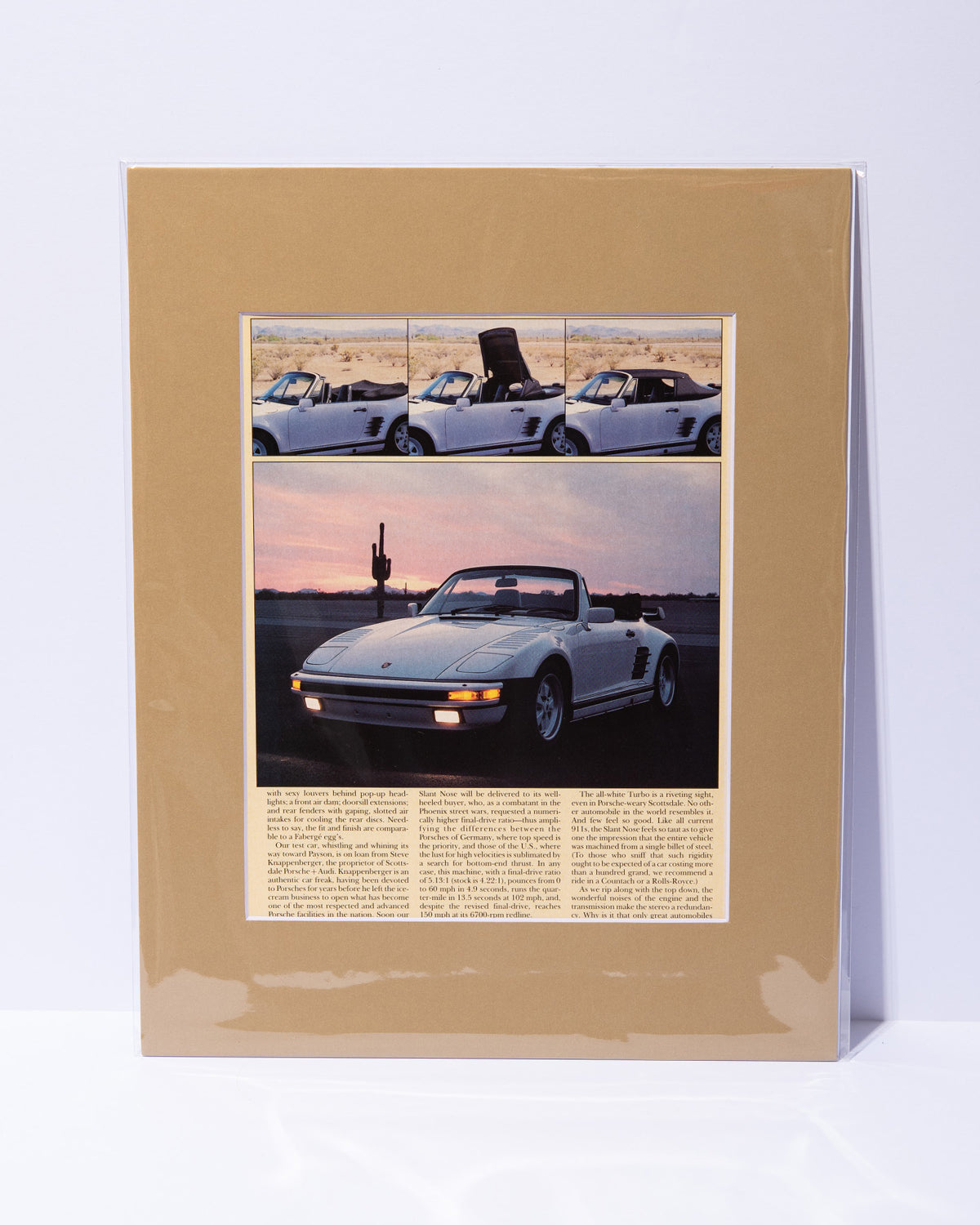 White Porsche 930 Turbo Slantnose convertible original vintage mated magazine page