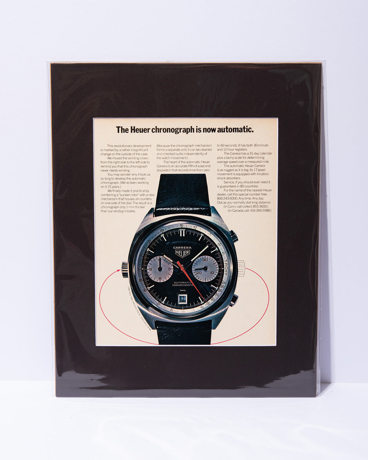 Heuer Carrera "The Heuer chronograph is now automatic" original vintage mated advertisement
