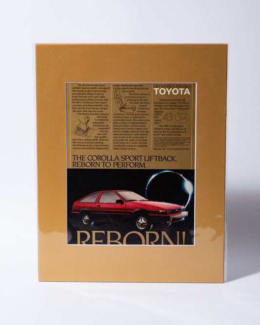 Toyota Corolla AE86 Sport Liftback "Reborn to Perform" - original vintage mated ad