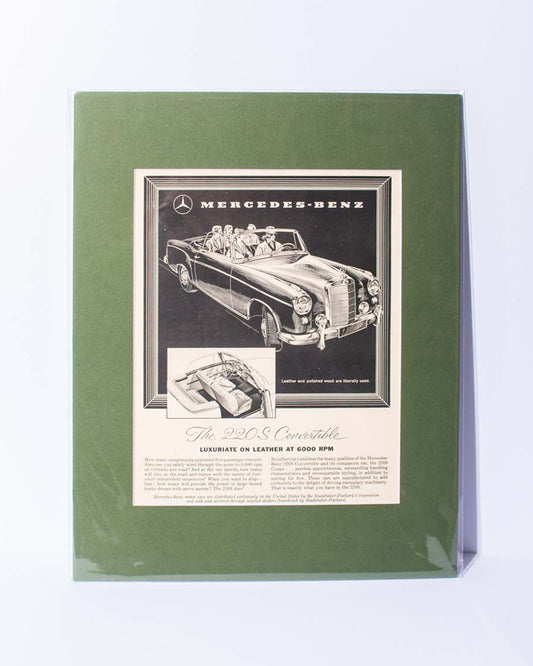 1958 Mercedes Benz 220S Convertible "Luxuriate on leather at 6000 rpm" original vintage mated magazine ad
