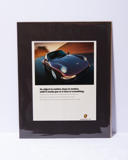Porsche 993 Carrera S "An object in motion stays in motion..." original vintage mated ad