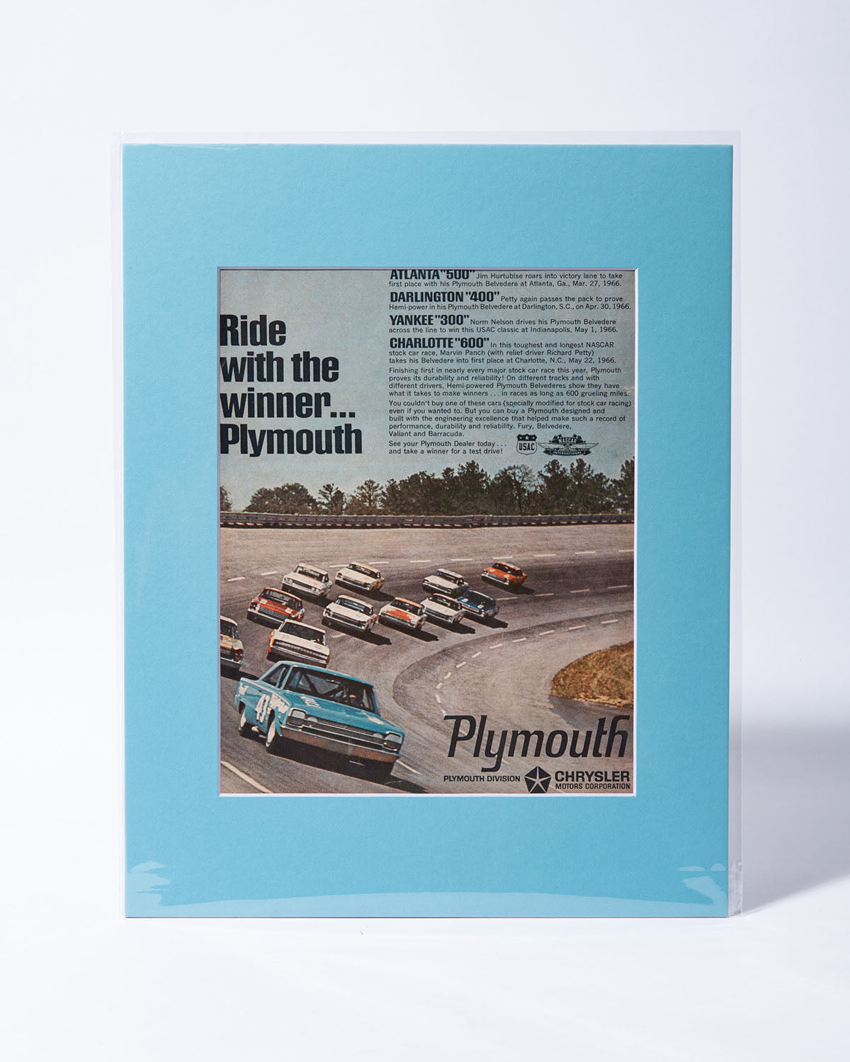 Plymouth Nascar Cup - USAC - "Ride with the winner..." original vintage ad -Richard Petty