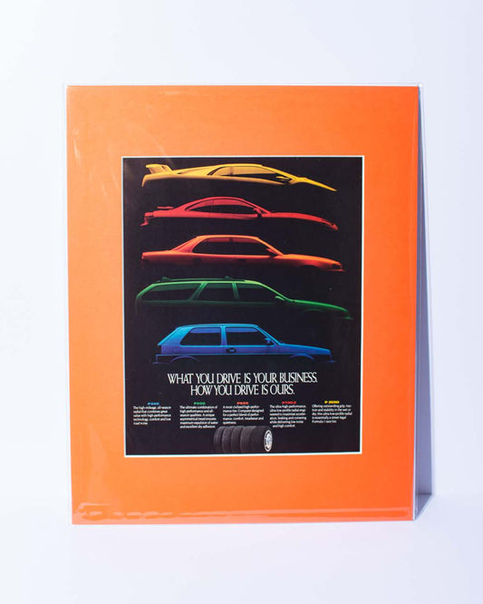 Pirelli tires original vintage mated ad (Lamborghini, Mitsubishi, Toyota, Ford, VW)