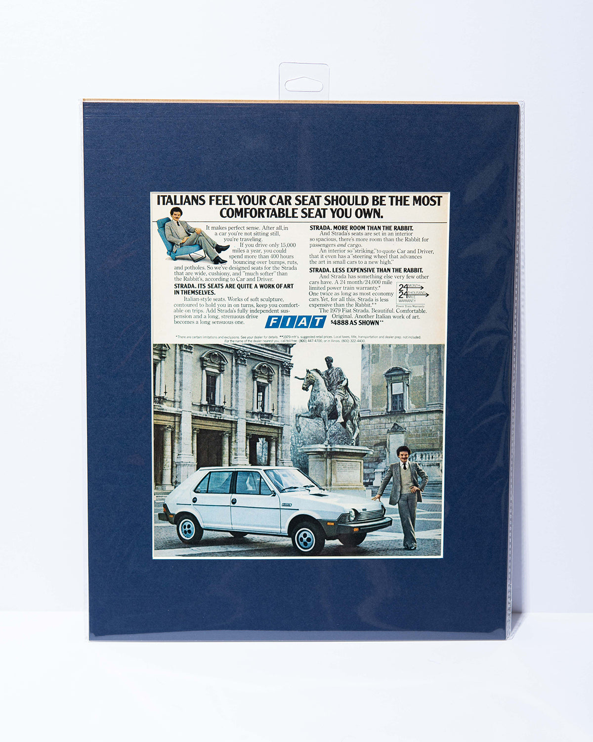 Fiat Strada "Italians feel your car seat..." original vintage mated ad