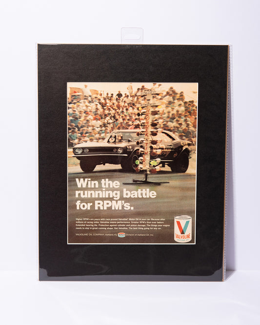 "Win the running battle for RPM's" vintage Valvoline ad w/ Camaro