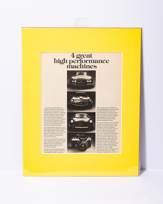 Vintage Nikon "4 high performance machines" ad. Ferrari, Jaguar, Maserati