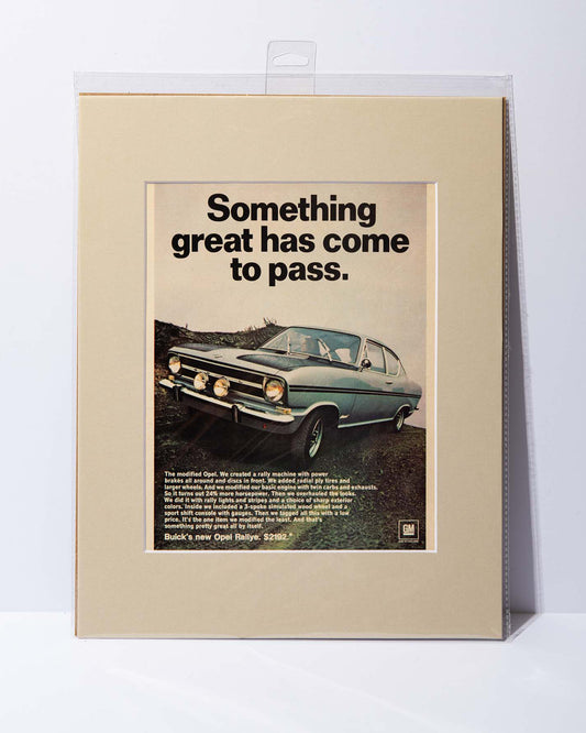 1967 Buick Opel Rallye Vintage Ad "Something Great Has Come To Pass." Matted